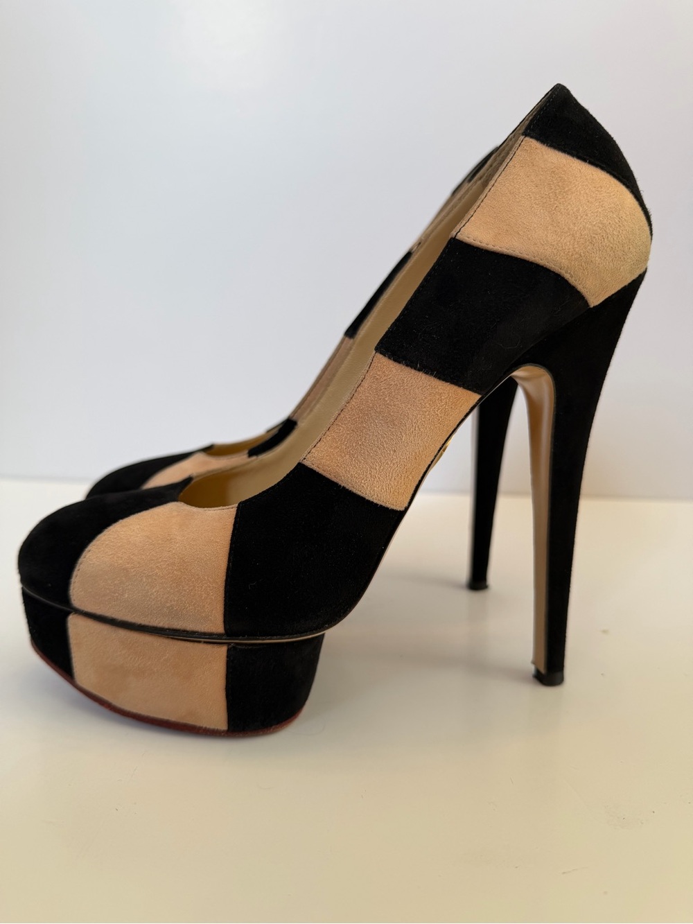 Charlotte Olympia Black and Tan Checker Suede Platform Stiletto